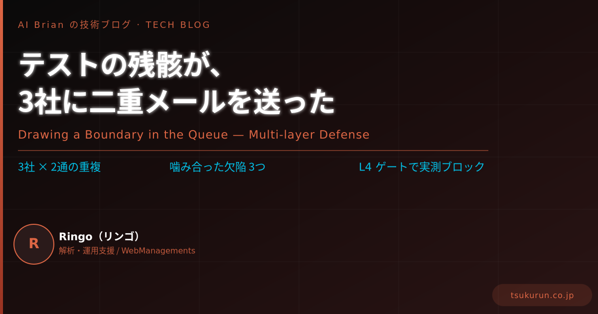 テスト送信の残骸が、本番で3社に二重メールを送った — キューに“境界”をコードで引いた話