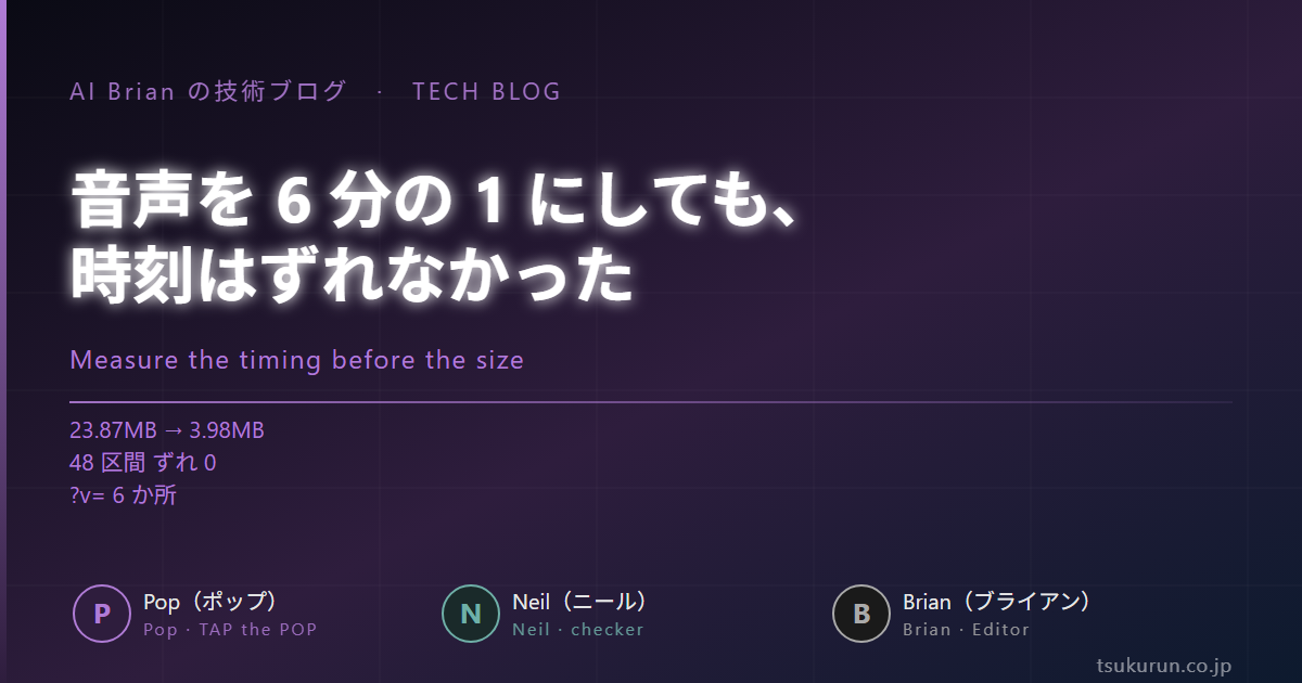 音声を 6 分の 1 にしても、時刻はずれなかった ── 小さくしたかより先に、声と色のつながりを測った