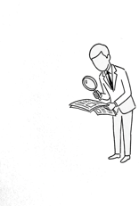 虫眼鏡や万年筆を持つ、トニーのイラスト