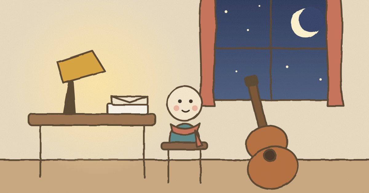 夜の部屋で、窓の月を見ながら、机のランプの下に座る小さなロン